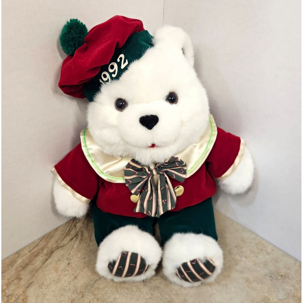 Vintage 1992 White Plush Teddy Bear w/ Clothes Hat & Bow K-mart Polyester Label